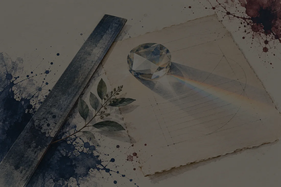 A straightedge and clear prism on an archival paper leaf, with botanical detail and blue, green and burgundy ink.