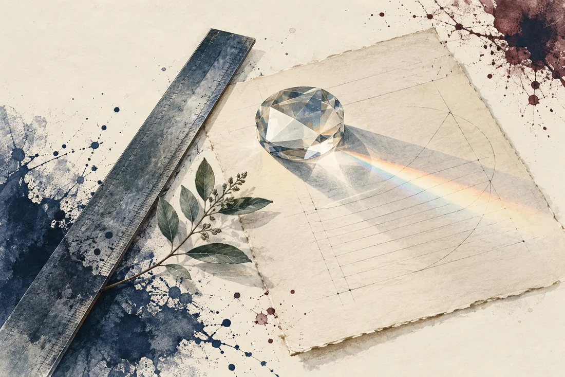 A straightedge and clear prism on an archival paper leaf, with botanical detail and blue, green and burgundy ink.
