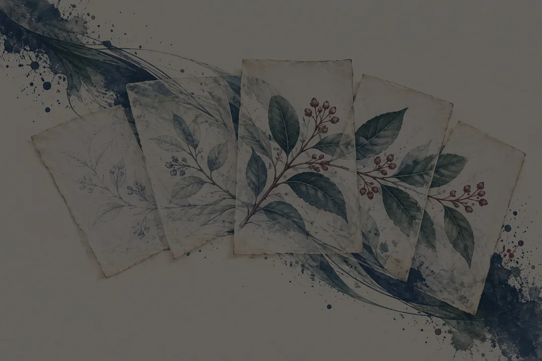 Separate archival paper fragments resolving into one botanical study over textured blue and green ink.