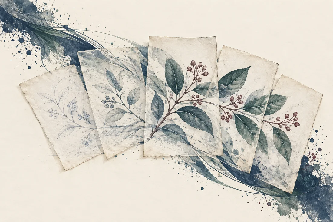 Separate archival paper fragments resolving into one botanical study over textured blue and green ink.