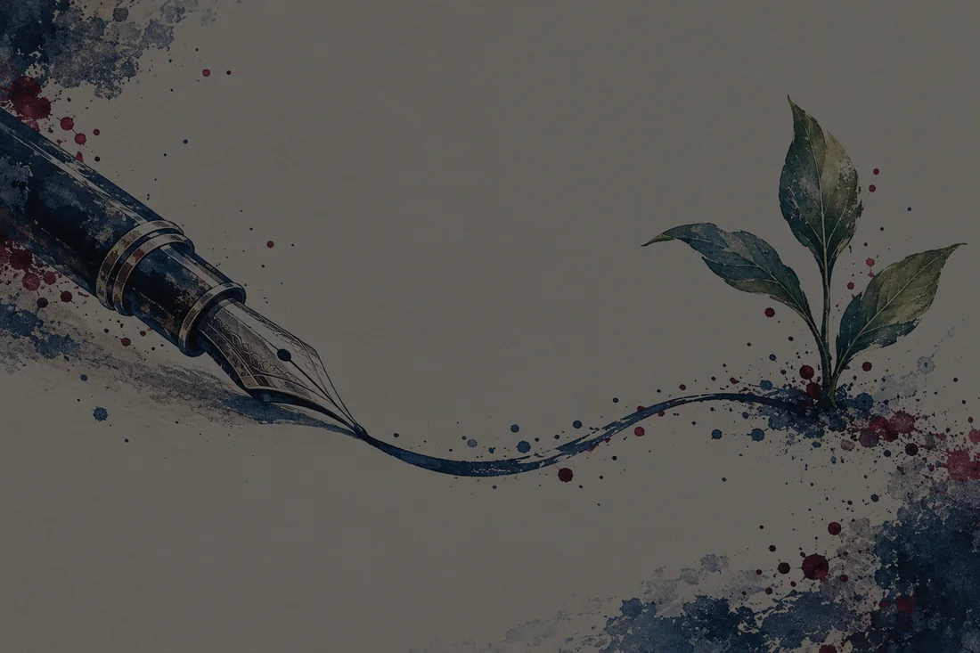 A silver fountain-pen nib drawing a blue line toward a small green shoot, surrounded by ink splashes.