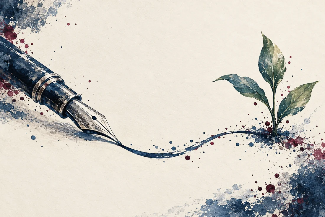 A silver fountain-pen nib drawing a blue line toward a small green shoot, surrounded by ink splashes.