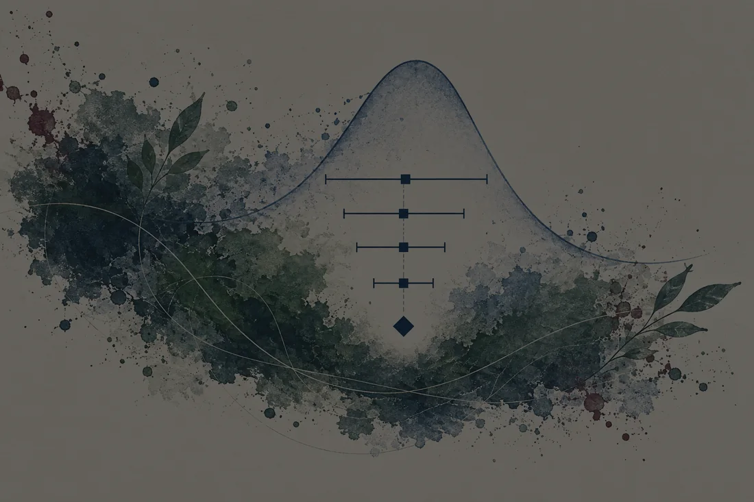 An editorial statistical motif of interval marks, a summary diamond and a distribution curve over weathered ink.