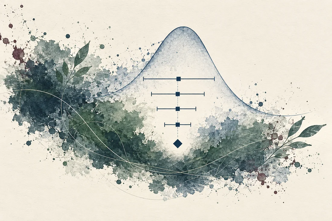 An editorial statistical motif of interval marks, a summary diamond and a distribution curve over weathered ink.