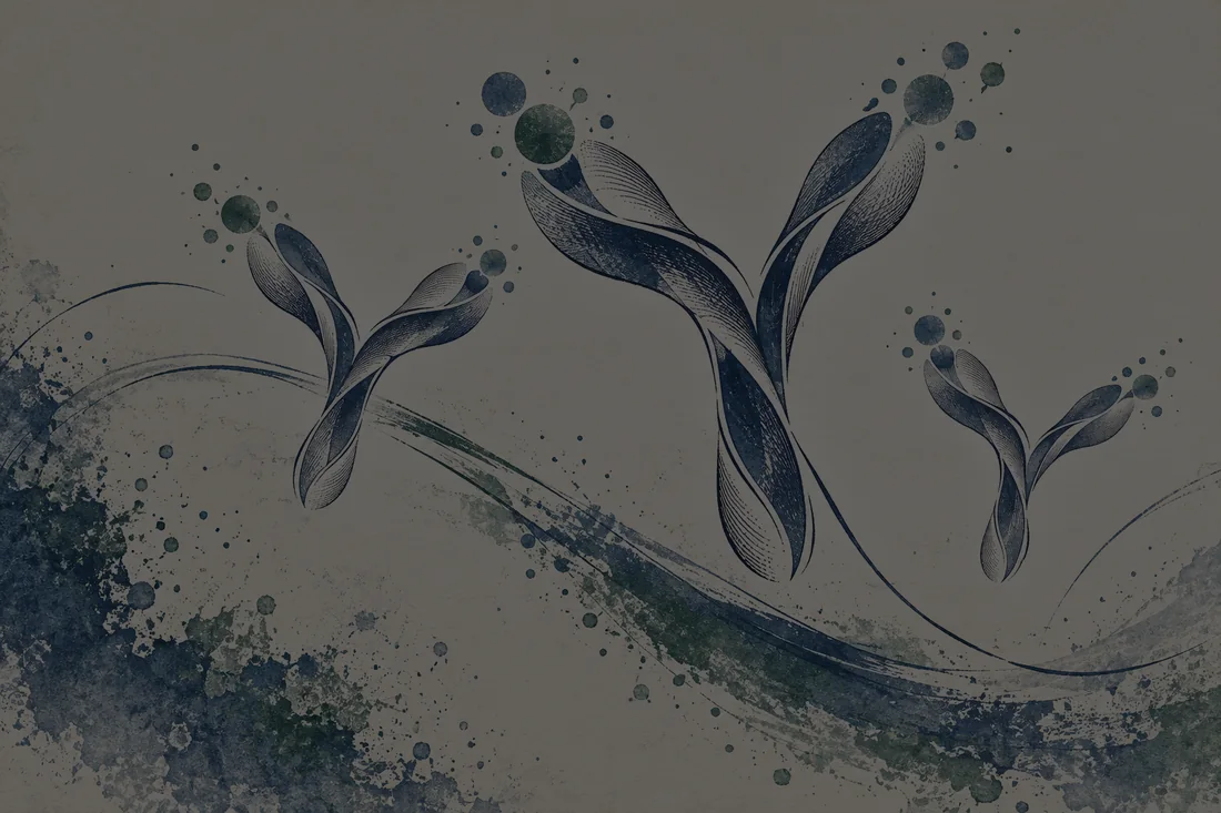 Graceful antibody-like branching ribbons with small blue and green recognition motifs over textured ink.