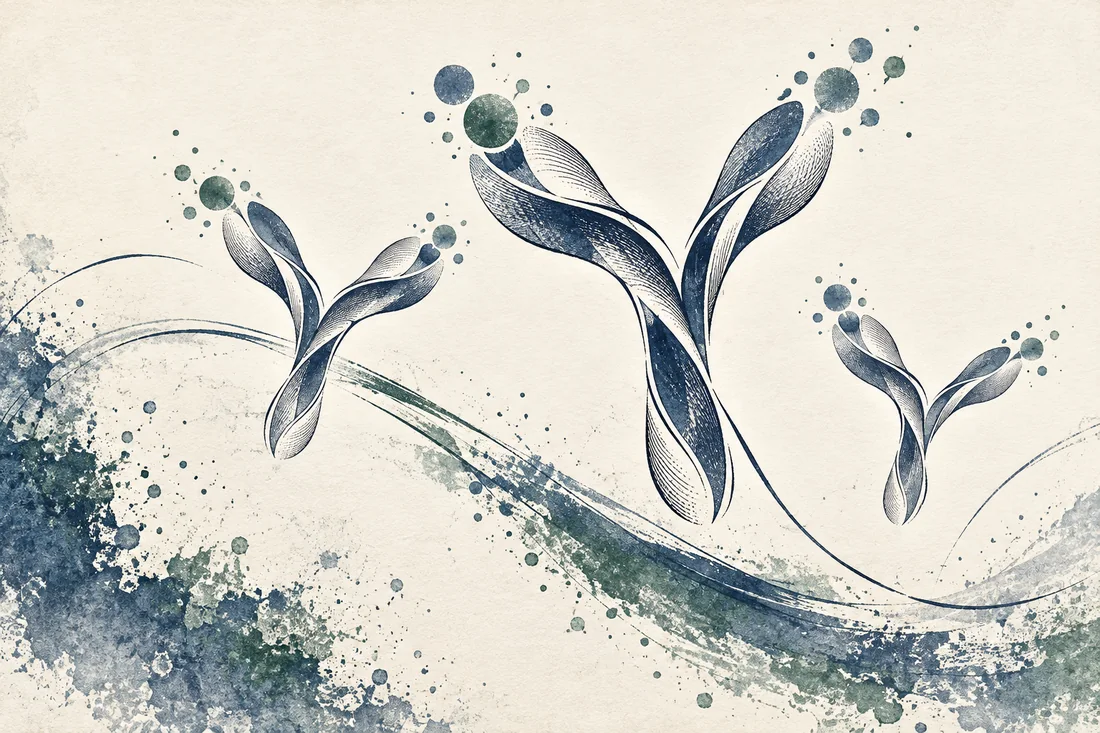 Graceful antibody-like branching ribbons with small blue and green recognition motifs over textured ink.