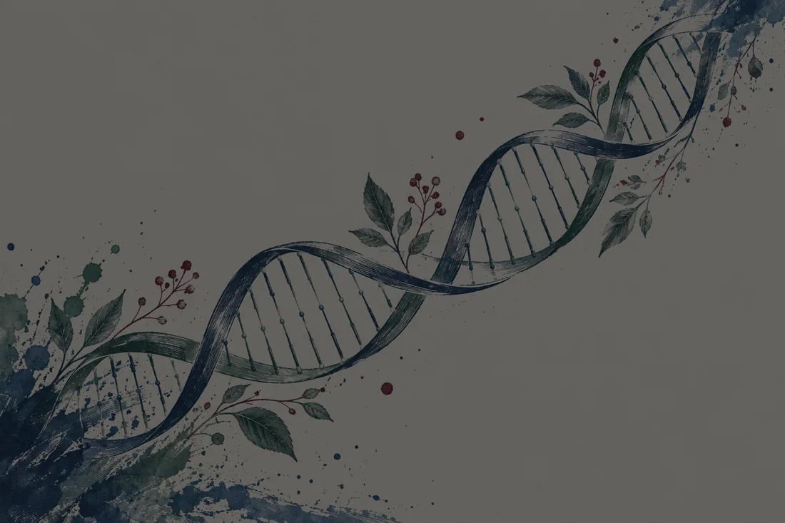A fine engraved double helix with small botanical accents and blue-green ink splashes.
