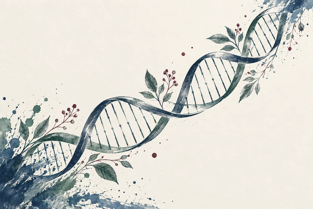 A fine engraved double helix with small botanical accents and blue-green ink splashes.