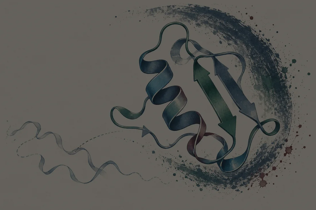 A simplified protein ribbon with a short helix and pleated strands in blue and green archival ink.