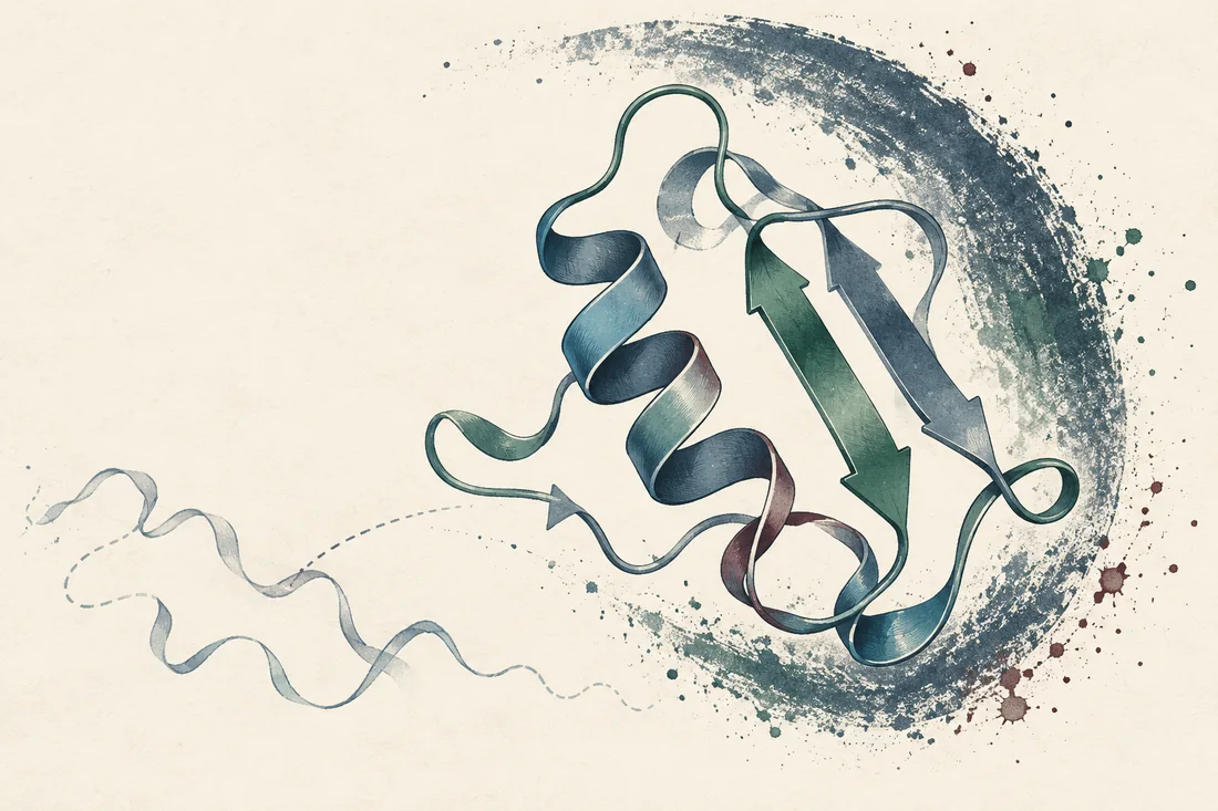 A simplified protein ribbon with a short helix and pleated strands in blue and green archival ink.