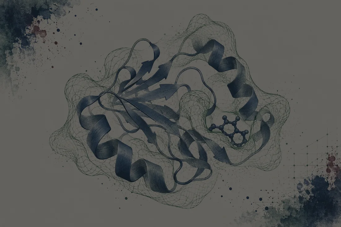 A folded protein ribbon inside a fine green modelling mesh beside a small ligand-like form.