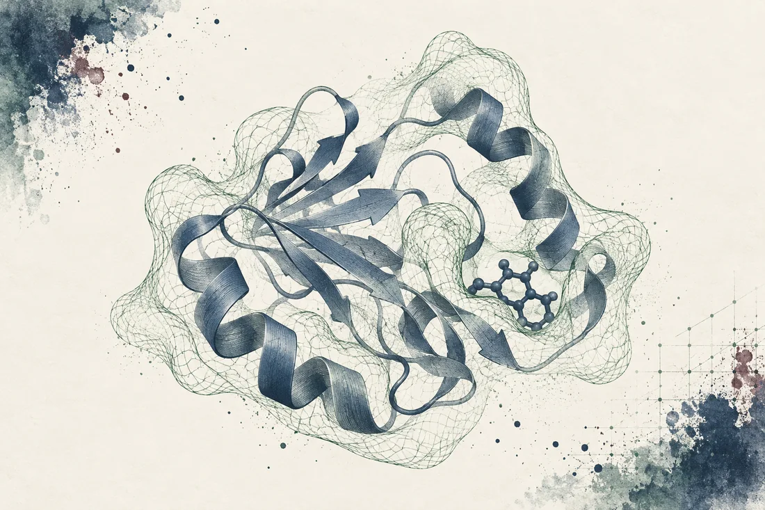 A folded protein ribbon inside a fine green modelling mesh beside a small ligand-like form.