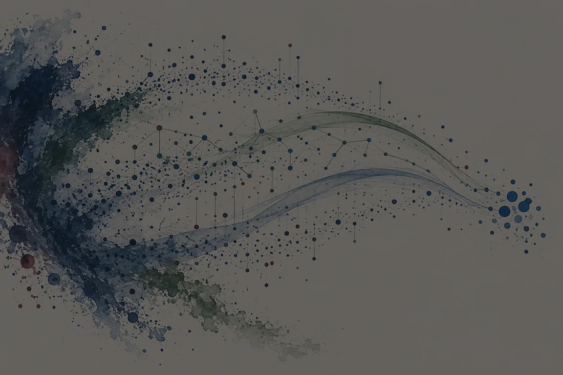 Small observations and fine connections resolving along flowing blue and green curves into a clear point cluster.
