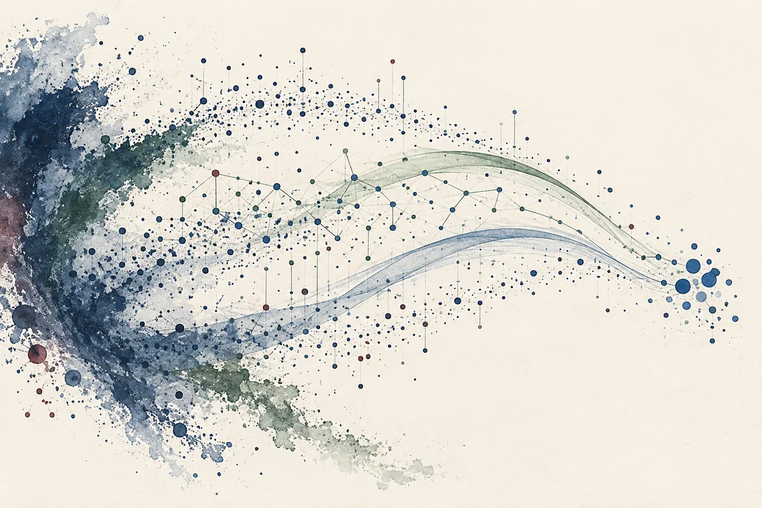 Small observations and fine connections resolving along flowing blue and green curves into a clear point cluster.